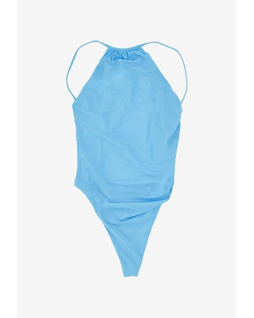 DSquared² Blue Ruched Open-Back One-Piece Swimsuit