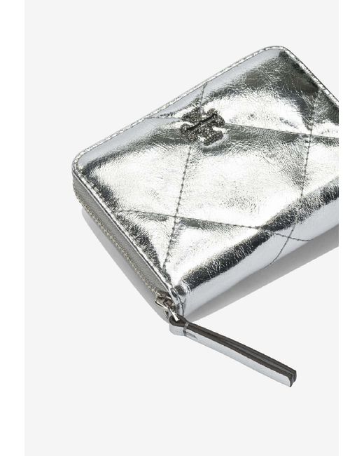 Tory Burch White Small Kira Quilted Leather Zip-Around Wallet