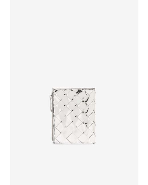 Bottega Veneta White Small Intrecciato Bi-Fold Zip Wallet