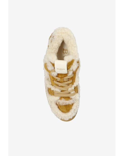 Balmain Brown Fur-Trimmed Low-Top Sneakers