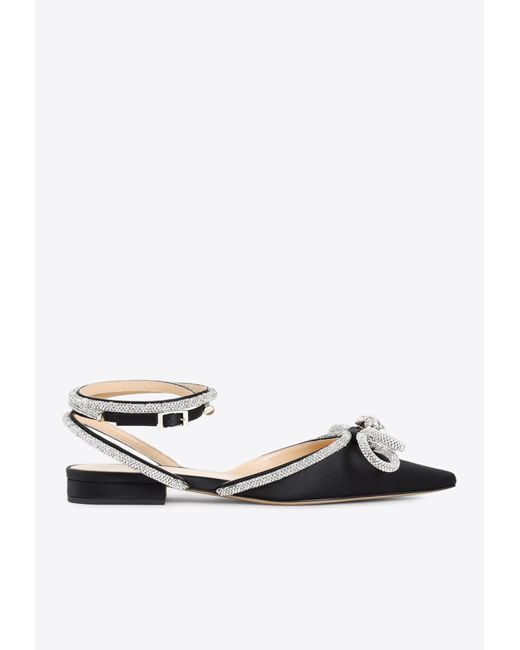 Mach & Mach White Crystal-Embellished Double Bow Ballet Flats