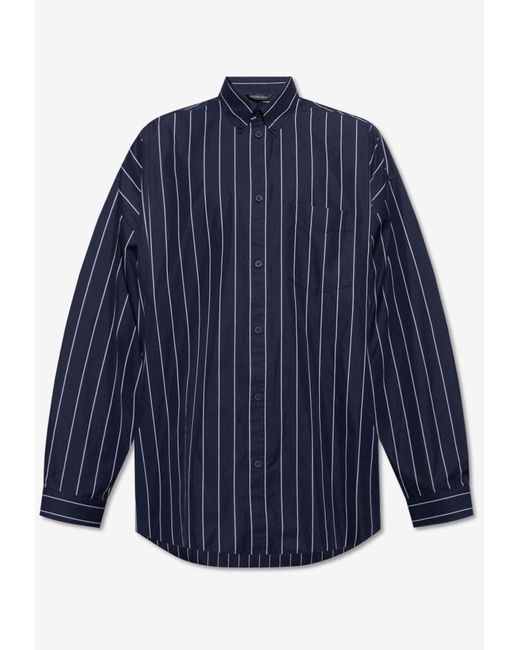Balenciaga Blue Oversized Logo-Printed Striped Shirt for men
