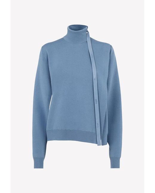 Fendi Blue Turtleneck Wool Sweater With Ribbon Detail