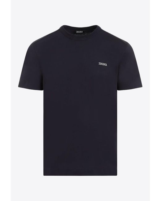 Zegna Blue Logo-Embroidered Crewneck T-Shirt for men