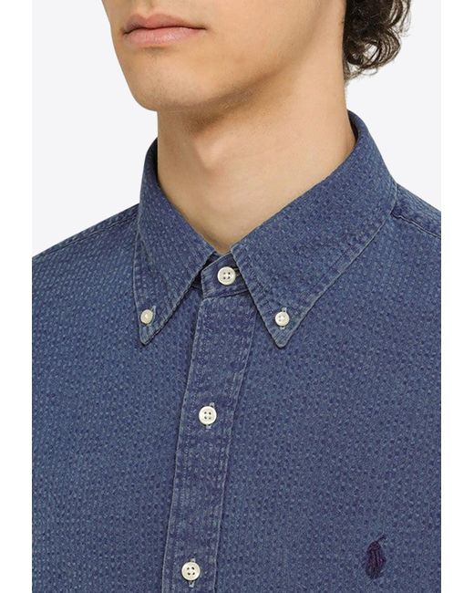 Polo Ralph Lauren Blue Logo Embroidered Denim Shirt for men