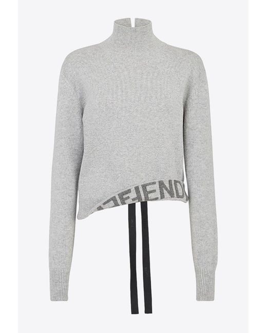 Fendi Gray Asymmetric High-Neck Sweater