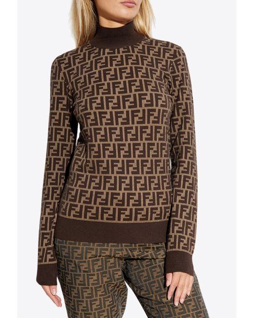 Fendi Brown Ff Jacquard Turtleneck Sweater
