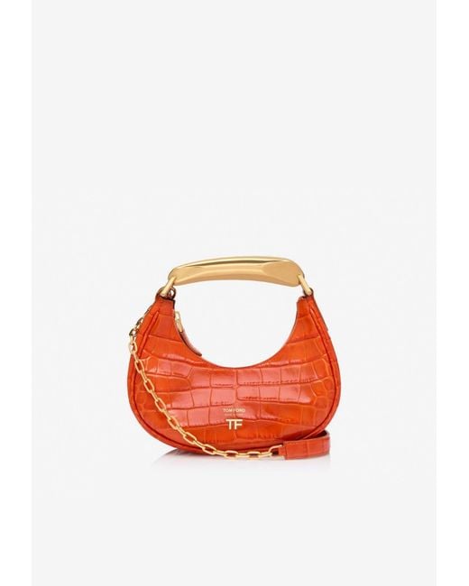 Tom Ford Orange Mini Bianca Hobo Bag In Croc Embossed Leather