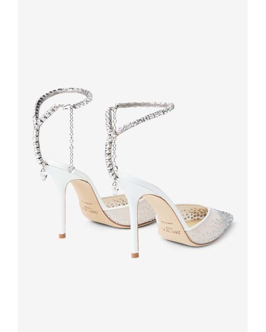 Jimmy Choo White Saeda 100 Crystal-Embellished Mesh Pumps