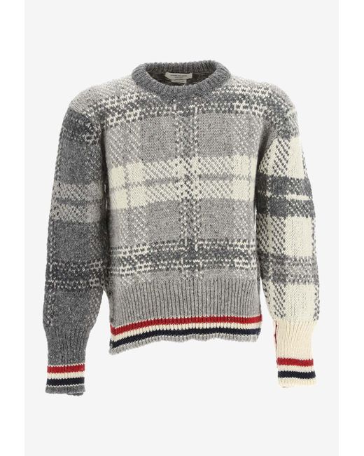 Thom Browne Gray Tartan Check Wool-Blend Sweater for men