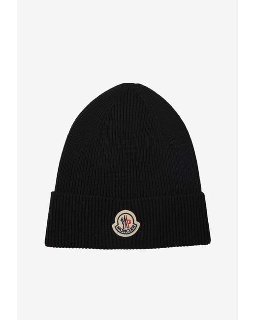 Moncler Black Logo Patch Ribbed Wool Beanie for men