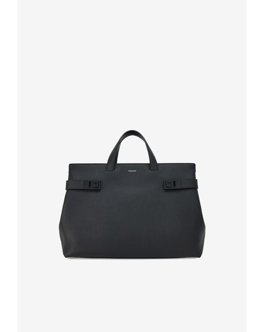 Ferragamo Black Gancini Buckle Hammered Leather Tote Bag for men