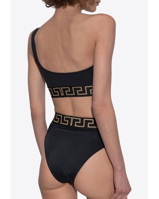 Versace Black Greca Border One-Shoulder Bikini Top