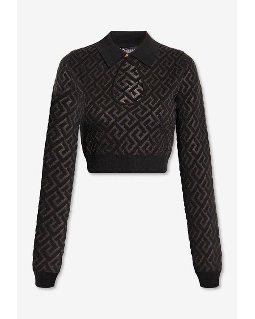 Versace Wool La Greca Cropped Top With Cut-out in Black | Lyst UK