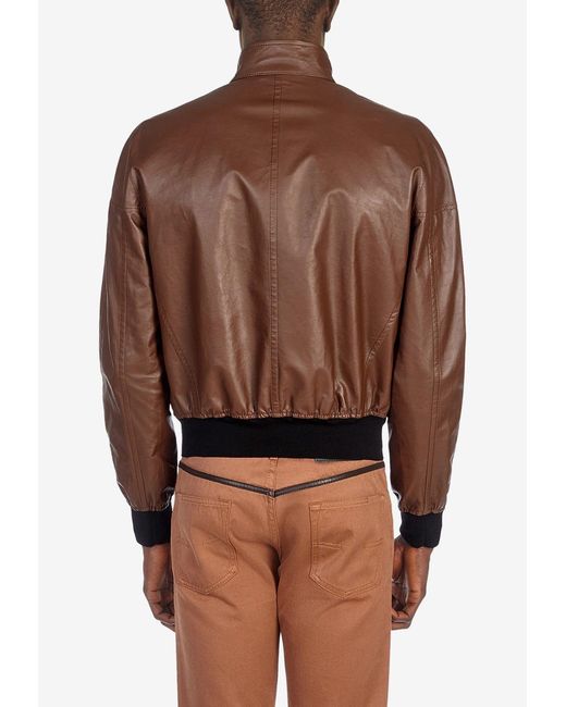Ferragamo Brown Zip-Up Leather Bomber Jacket for men