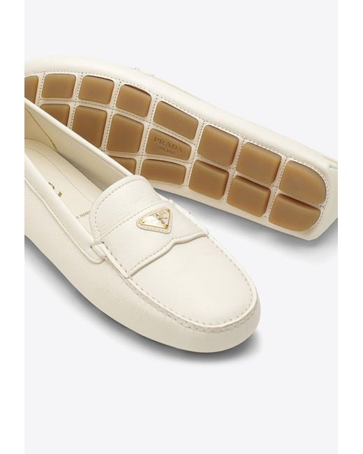 Prada White Triangle Logo Leather Loafers