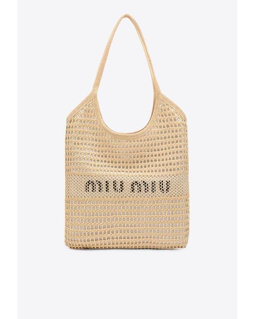 Miu Miu Natural Ivy Logo Raffia Shoulder Bag