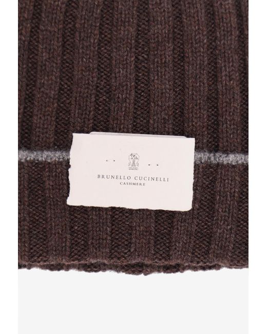 Brunello Cucinelli Brown Logo Patch Ribbed Beanie for men