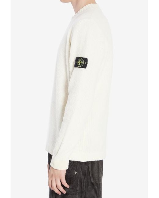 Stone Island White Compass Patch Brushed Wool Sweater for men