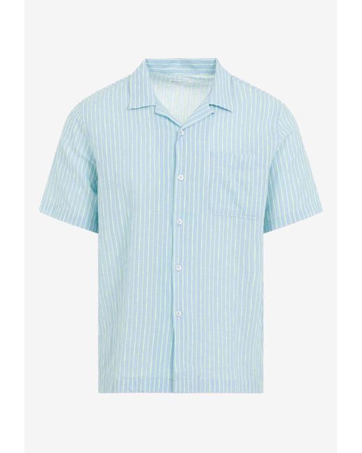 Universal Works Blue Striped Short-Sleeved Bowling Shirt for men