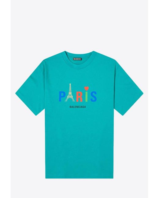 Balenciaga Blue Paris Print Cotton T-shirt Mrtwstd_m for men