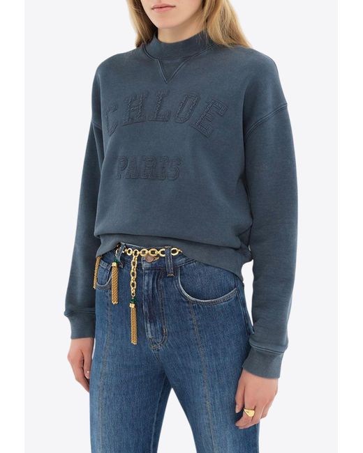 Chloé Blue Textured Logo Cotton Fleece Sweatshirt