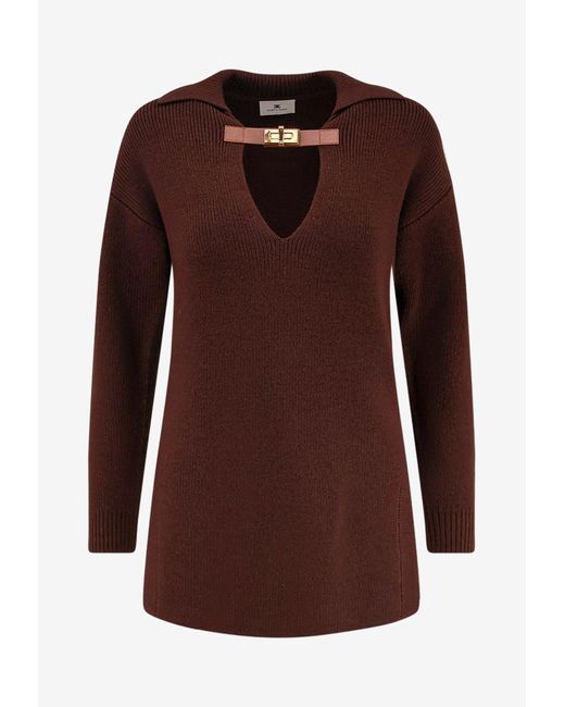 Elisabetta Franchi Brown Wool-Blend V-Neck Sweater