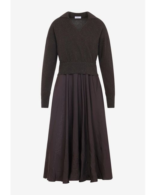 Peserico Black V-Neck Lurex Knit Midi Dress