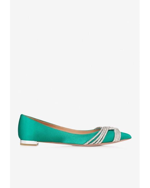 Aquazzura Satin Gatsby Crystal Embellished Ballet Flats in Green | Lyst