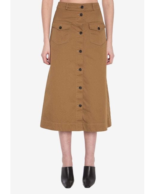 Saint Laurent Natural A-Line Buttoned Midi Skirt