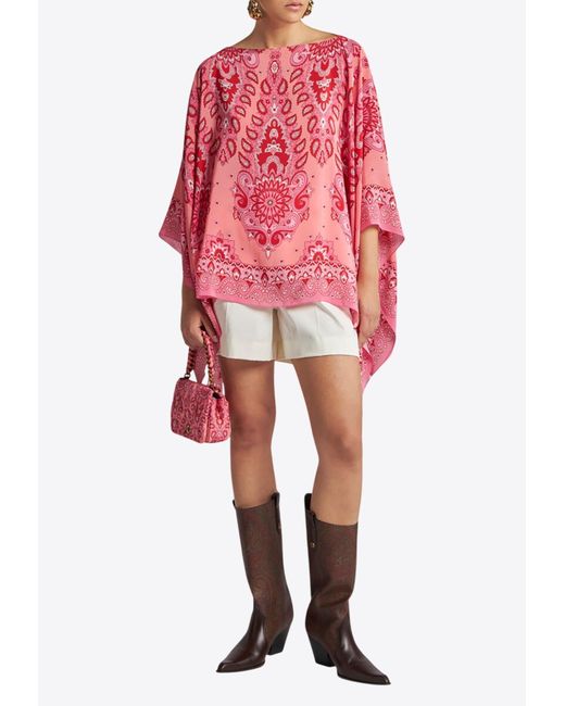 Etro Red All-Over Print Silk Cape
