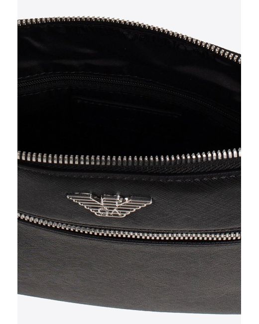 Emporio Armani Black Logo Plaque Faux Leather Messenger Bag for men