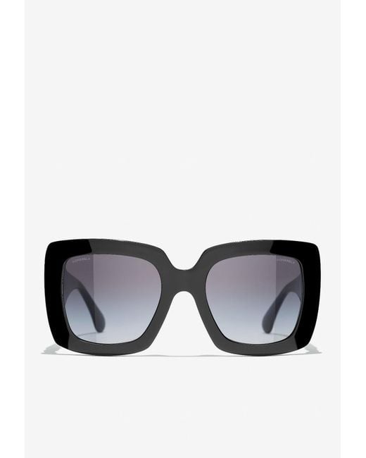 Chanel Wide Temple Logo Rectangular Sunglasses in Black