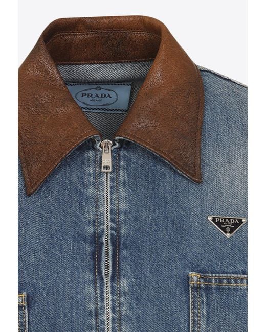 Prada Blue Triangle-Logo Cropped Denim Jacket