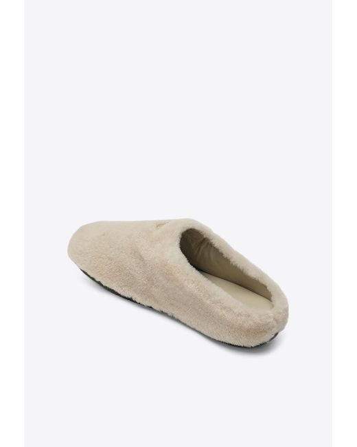 Prada White Triangle Logo Shearling Flat Mules