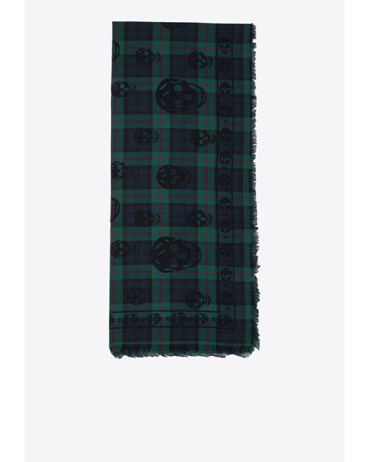Alexander McQueen Green Tartan Check Skull Print Wool Scarf for men