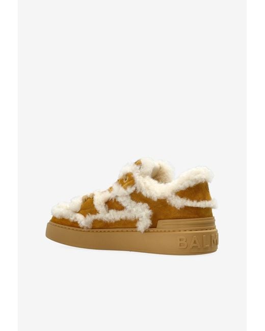 Balmain Brown Fur-Trimmed Low-Top Sneakers