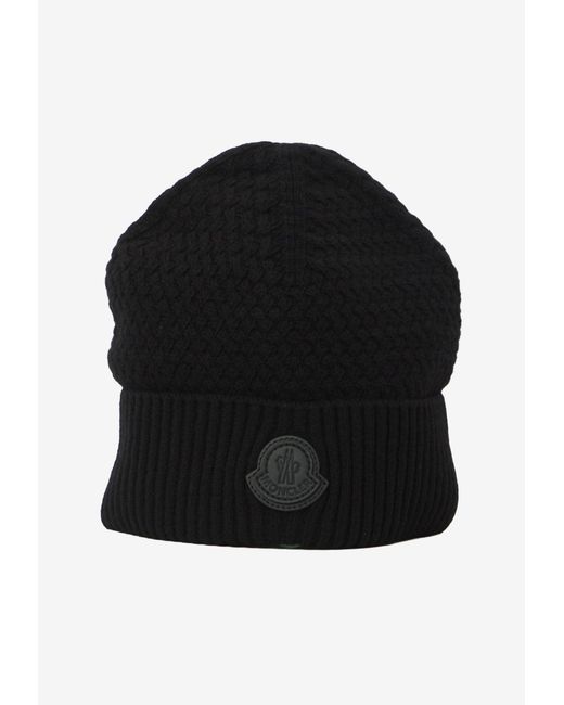 Moncler Black Logo Patch Ribbed Beanie for men