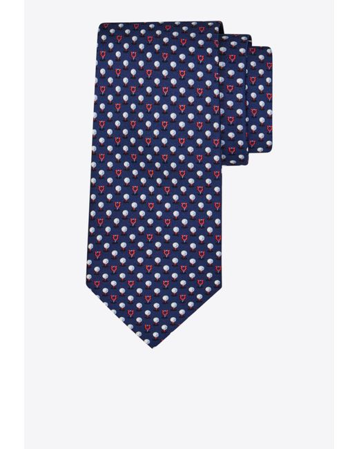 Ferragamo Blue Golf And Gancini Print Silk Tie for men