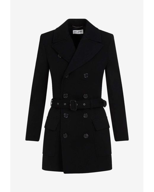 Saint Laurent Black Double-breasted Belted Wool Coat