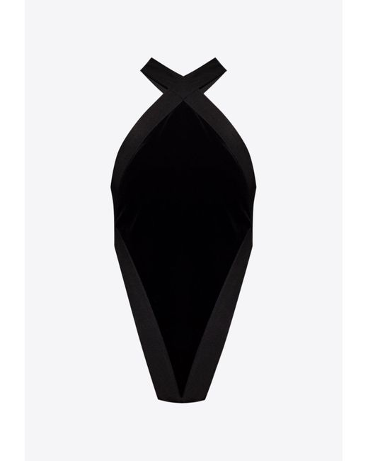 Saint Laurent Black Criss-Cross Straps Velvet Bodysuit