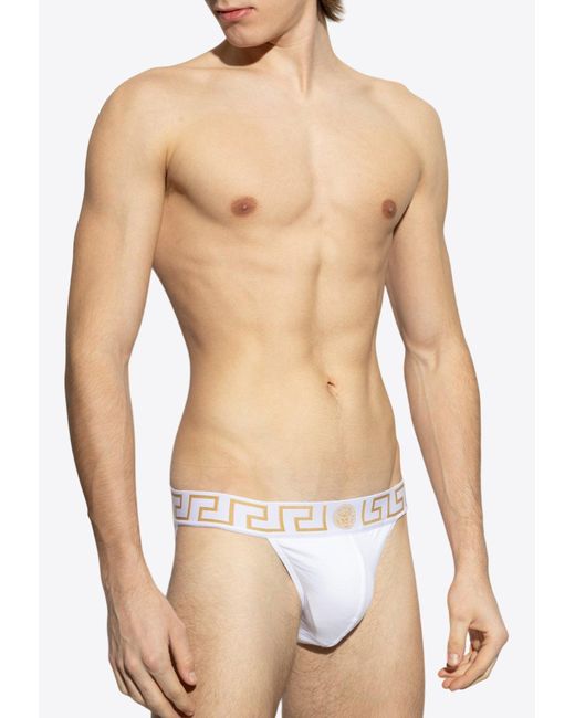 Versace Men's White Greca Border Jockstrap With Elastic Waistband