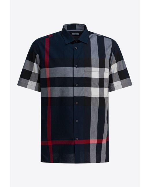 Burberry Blue Checked Short-Sleeved Shirt for men