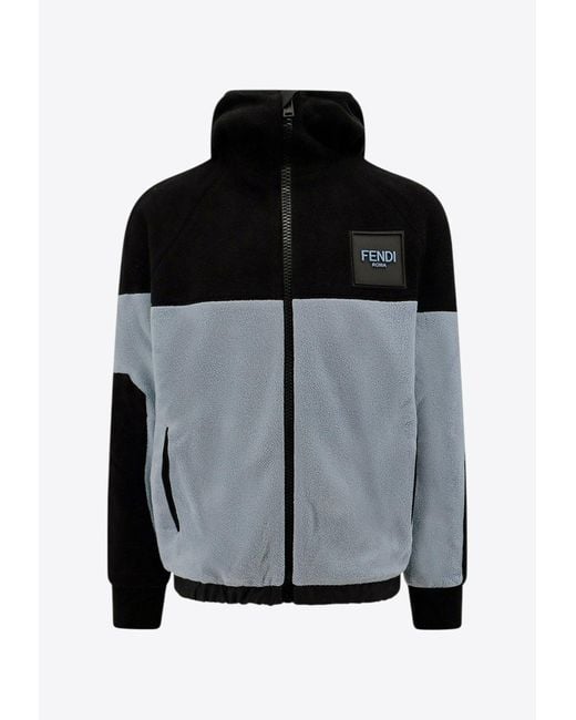 Fendi Black Colorblocked Zip-Up Logo Sweatshirt for men
