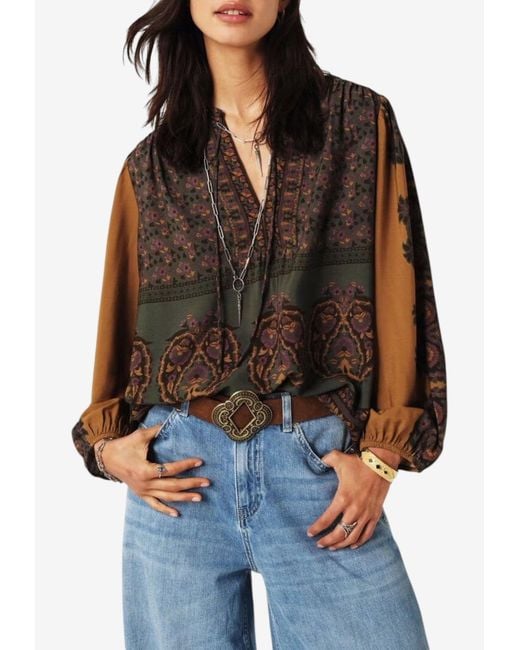 Ba&sh Brown Baker Printed V-Neck Blouse