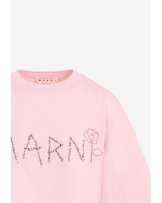 Marni Pink Logo-Embroidered Cropped T-Shirt