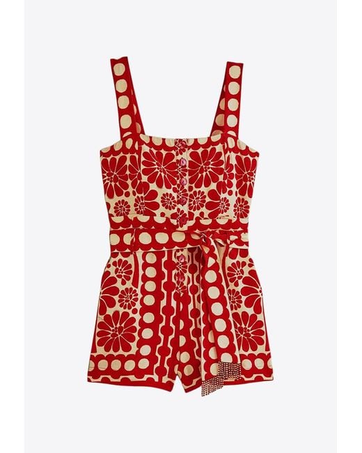 Farm Rio Red Palermo Belted Sleeveless Romper