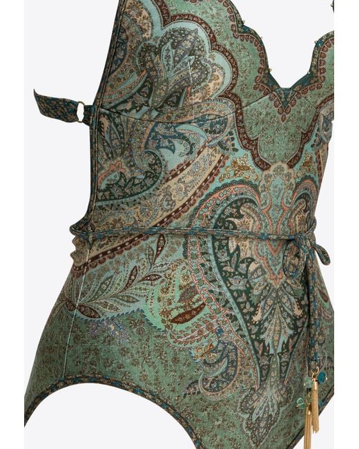 Zimmermann Green Wanderlust Scalloped One-Piece Swimsuit
