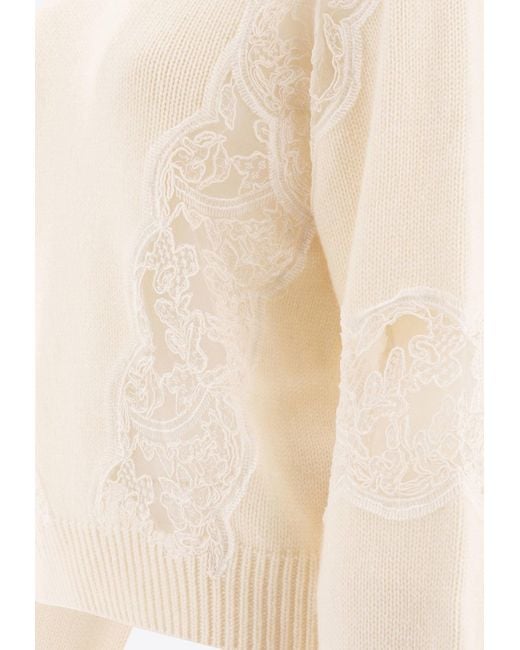 Elie Saab Natural Knitted Sweater With Lace Inserts