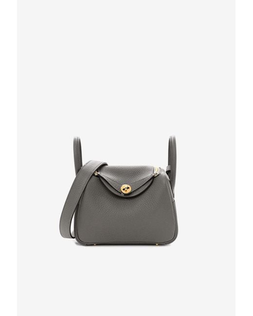 Hermès White Mini Lindy 20 In Gris Meyer Taurillon Clemence With Gold Hardware
